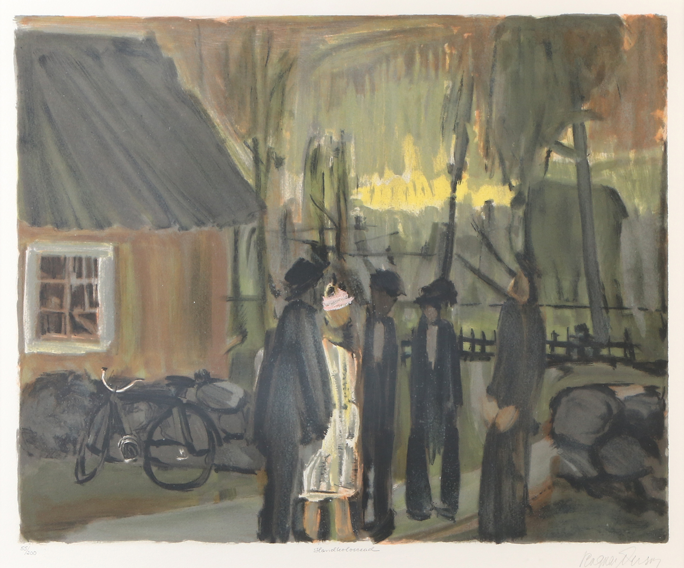 RAGNAR PERSON. Handkolorerad litografi, 55/200. Bymotiv med figurer. Signerad.