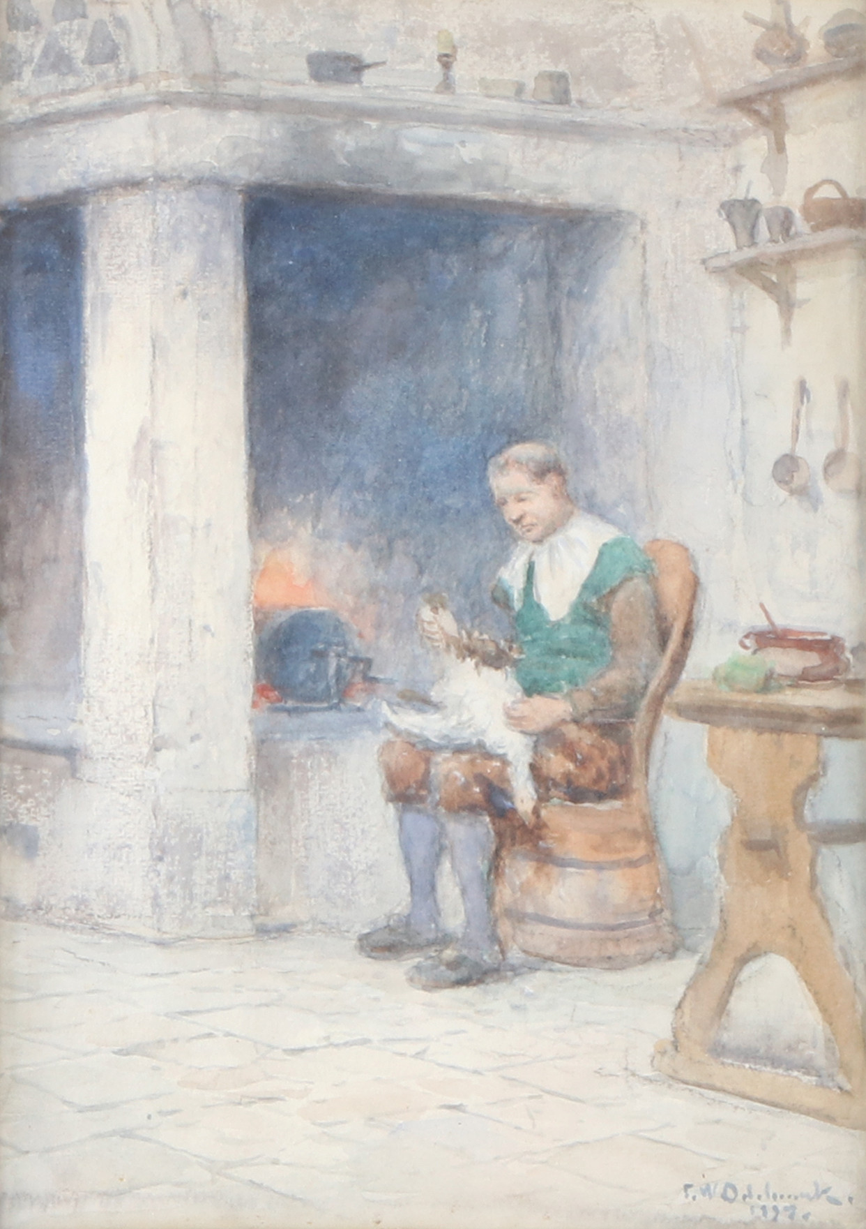 FRANS WILHELM ODELMARK. Akvarell. Interiör med man vid eldstad. Signerad och daterad 1897.