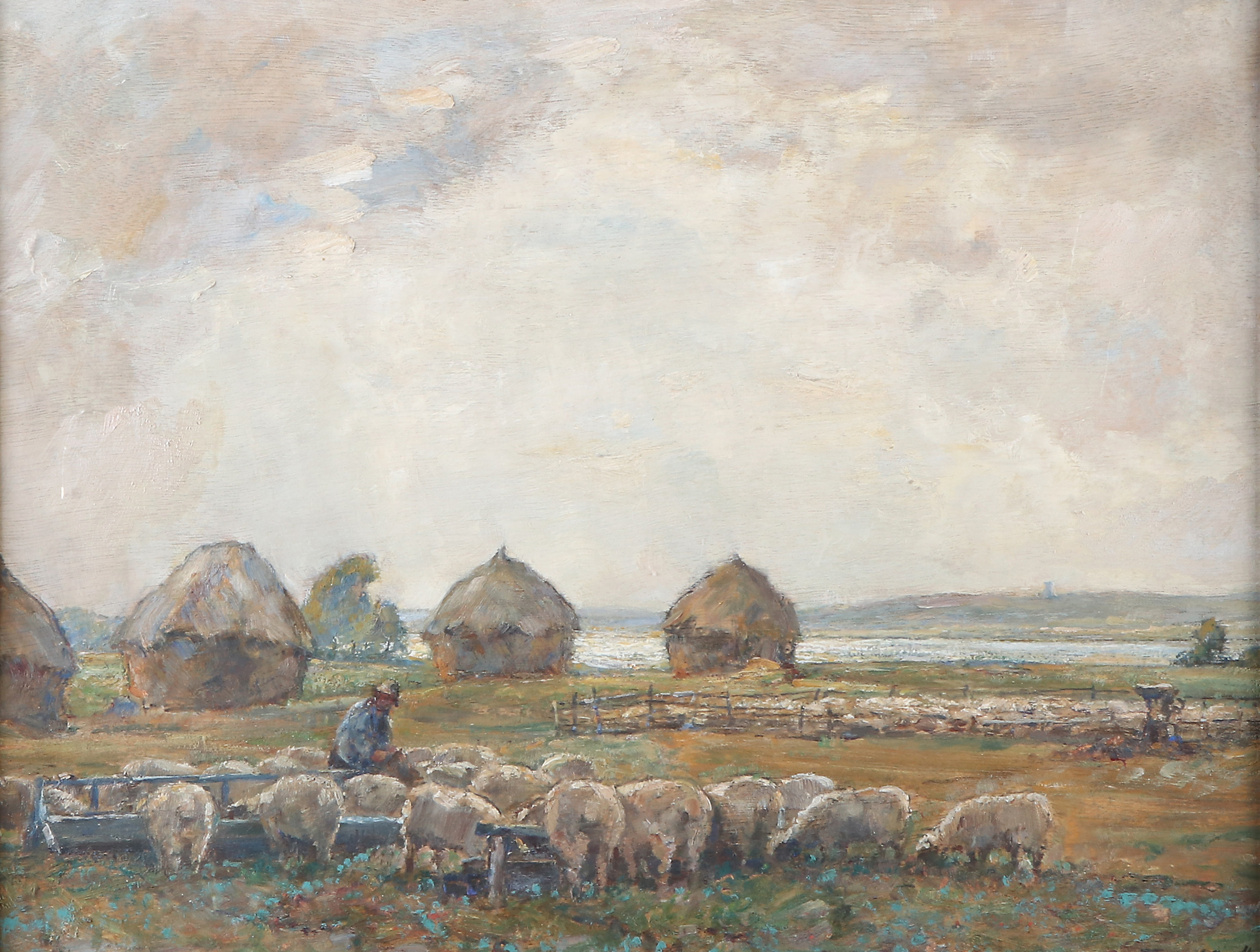 JAMES HERBERT SNELL. Oljemålning på pannå. Herde med får i landskap. Signerad.