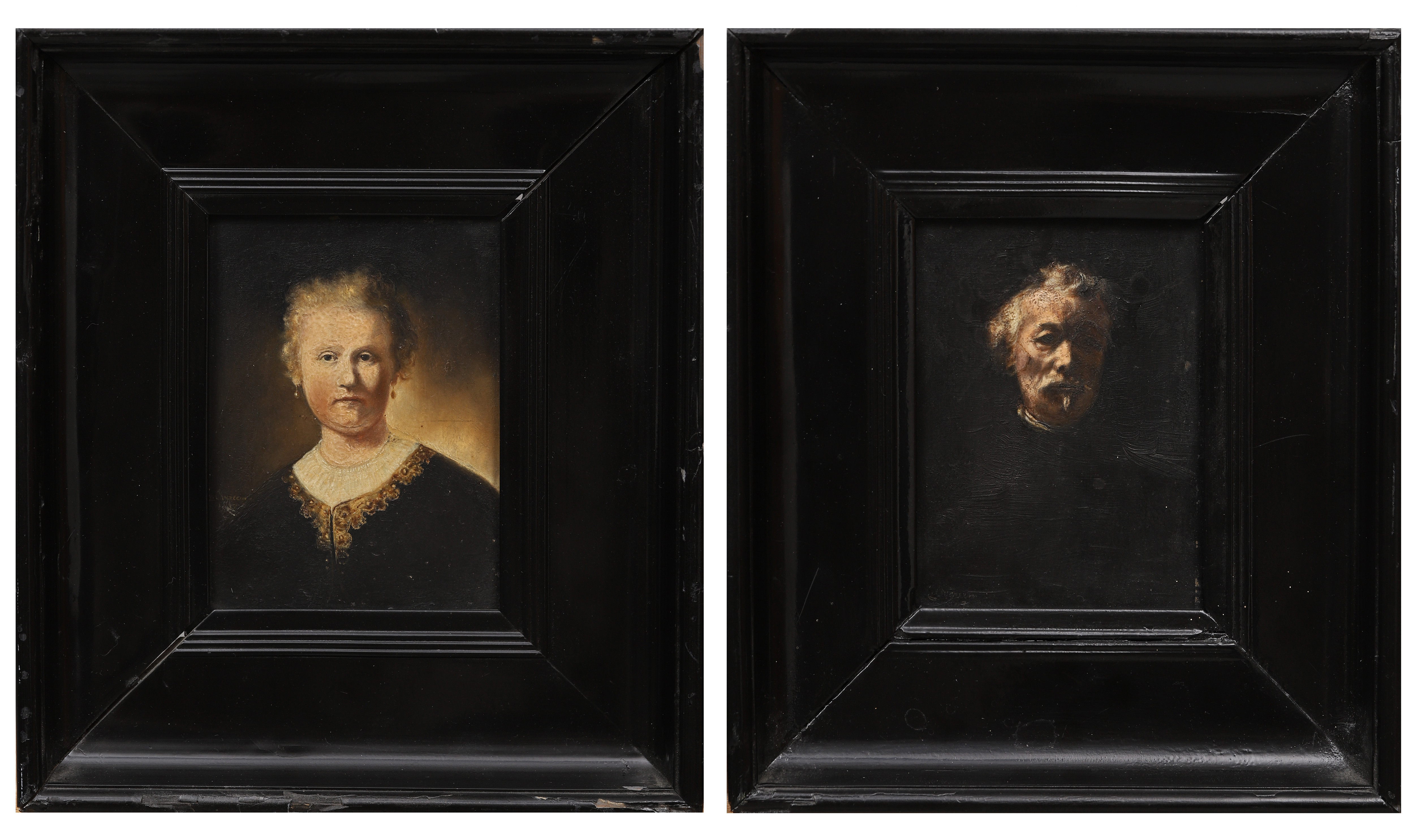 REMBRANDT  VAN RIJN. Kopior efter. 2 st oljor på pannå, otydligt signerade och daterade 1907.
