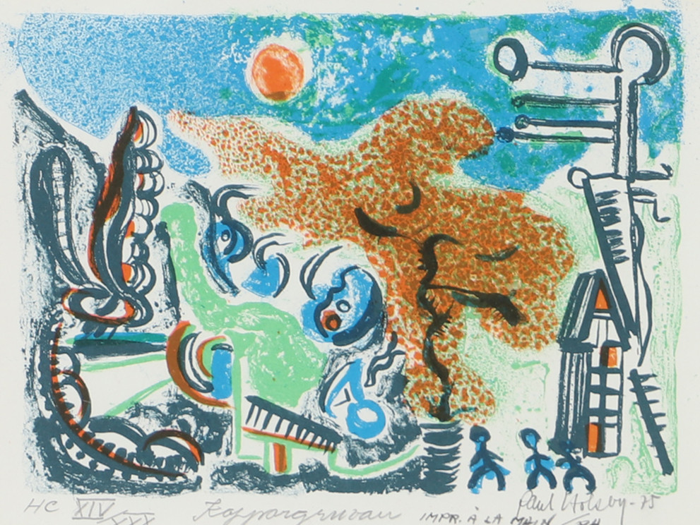 PAUL HOLSBY. "Koppargruvan", färglitografi, signerad.