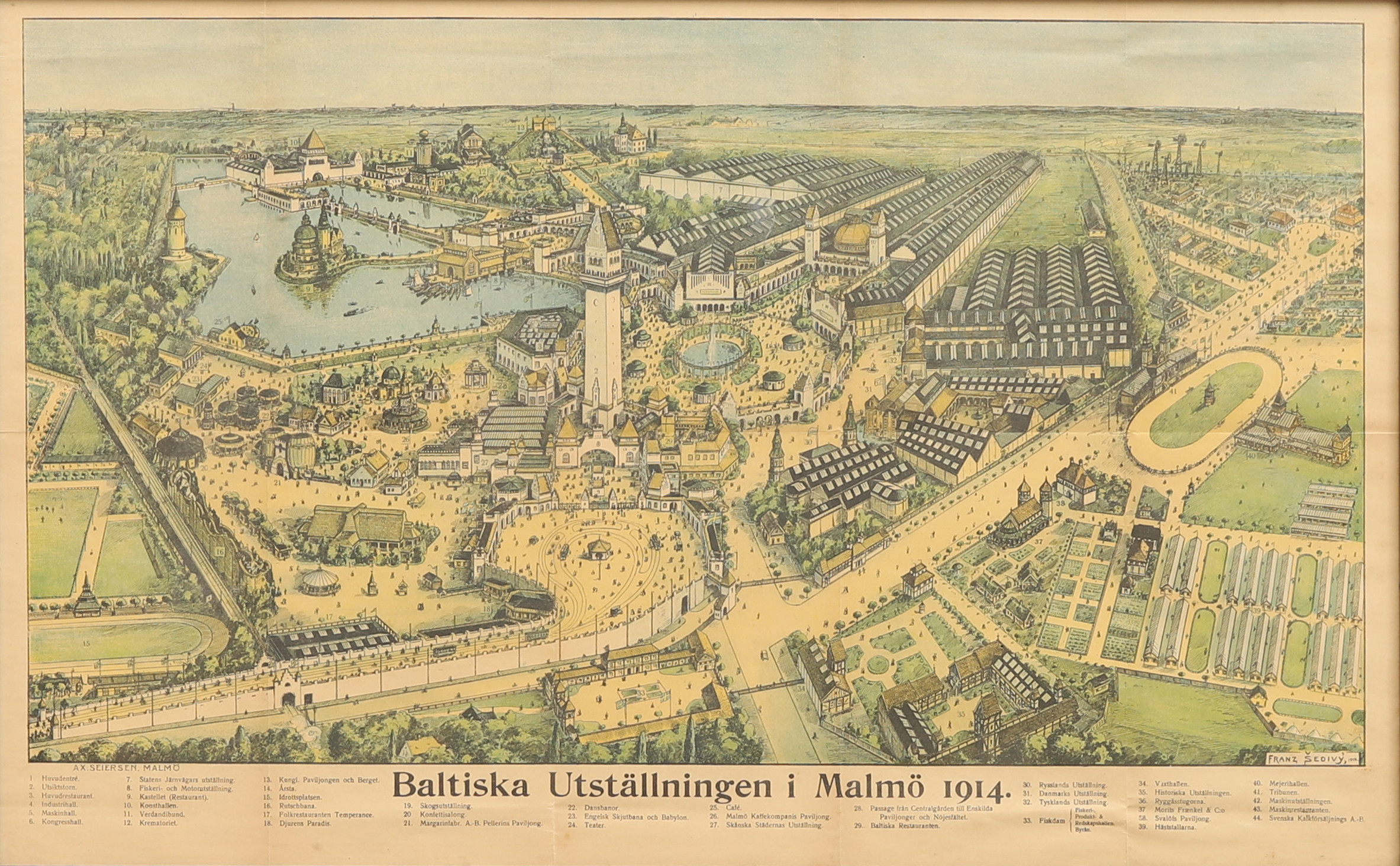 BALTISKA UTSTÄLLNINGEN I MALMÖ 1914. Karta över utställningsområdet. Litografiskt tryckt.