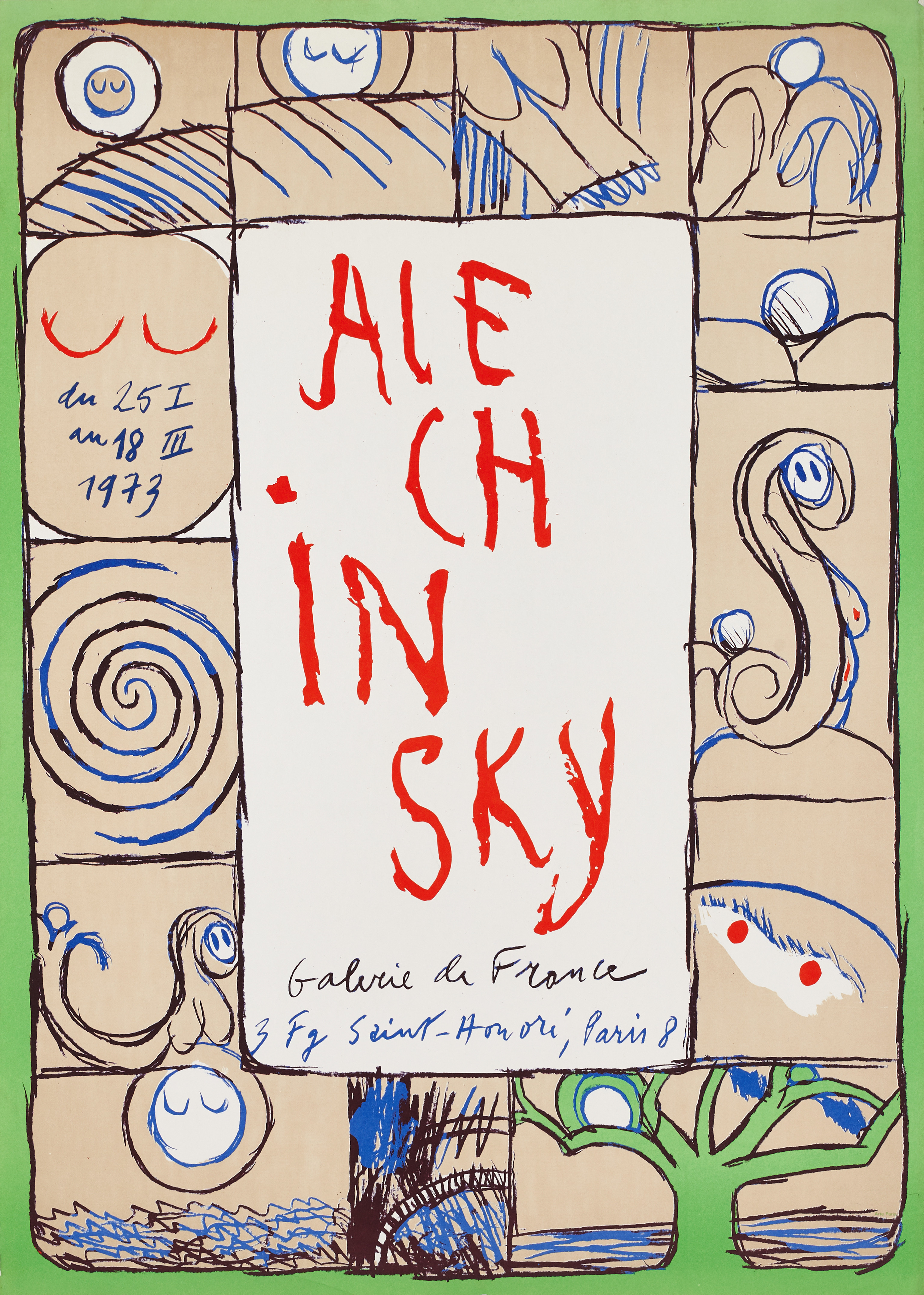 PIERRE ALECHINSKY (BELGIEN, FÖDD 1927). litografisk utställningsaffisch, Galerie de France, Paris 1973, Arte Paris.