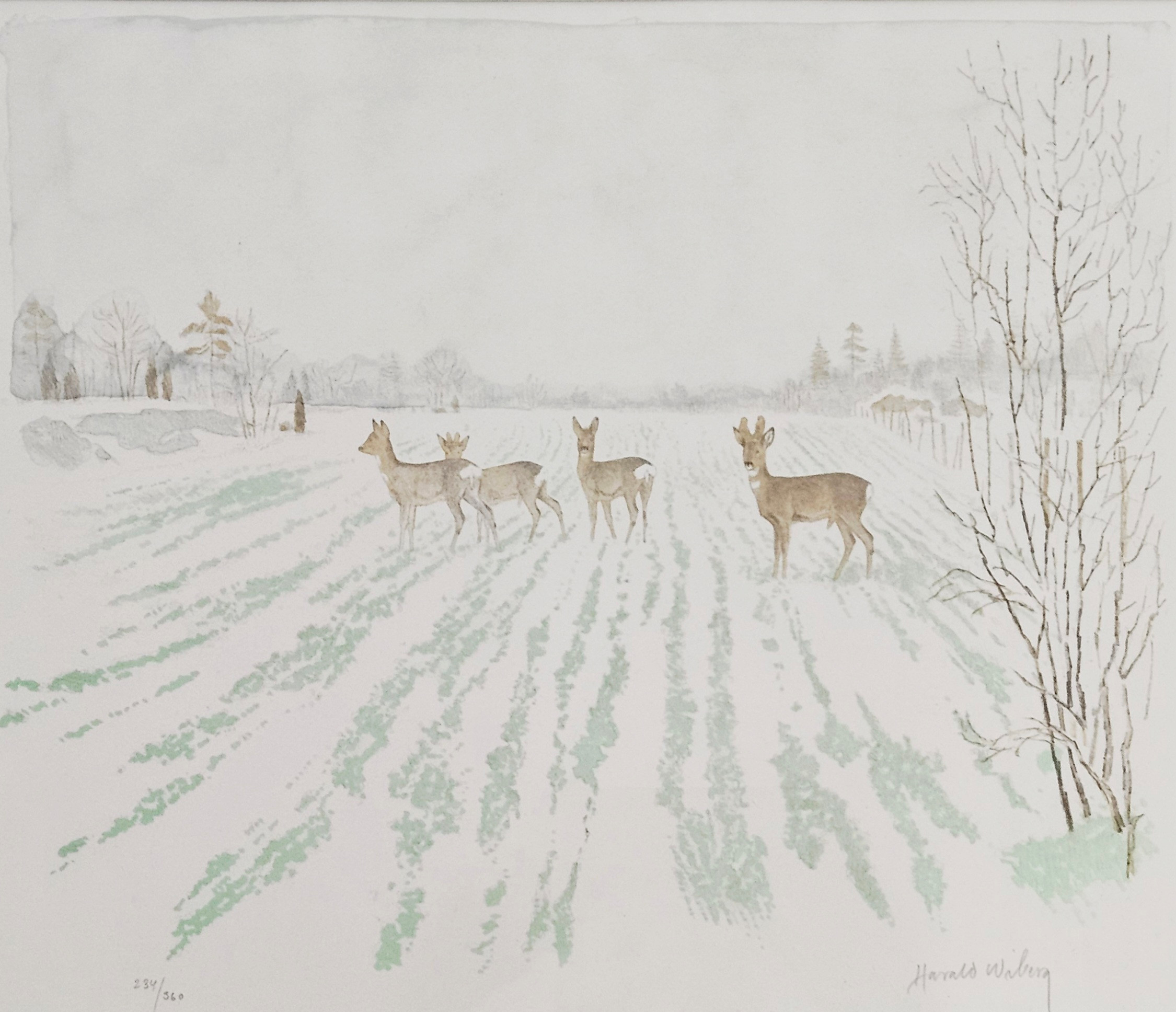 HARALD WIBERG. Vinterlandskap med rådjur. Färglitografi, signerad Harald Wiberg och numrerad 234/360.