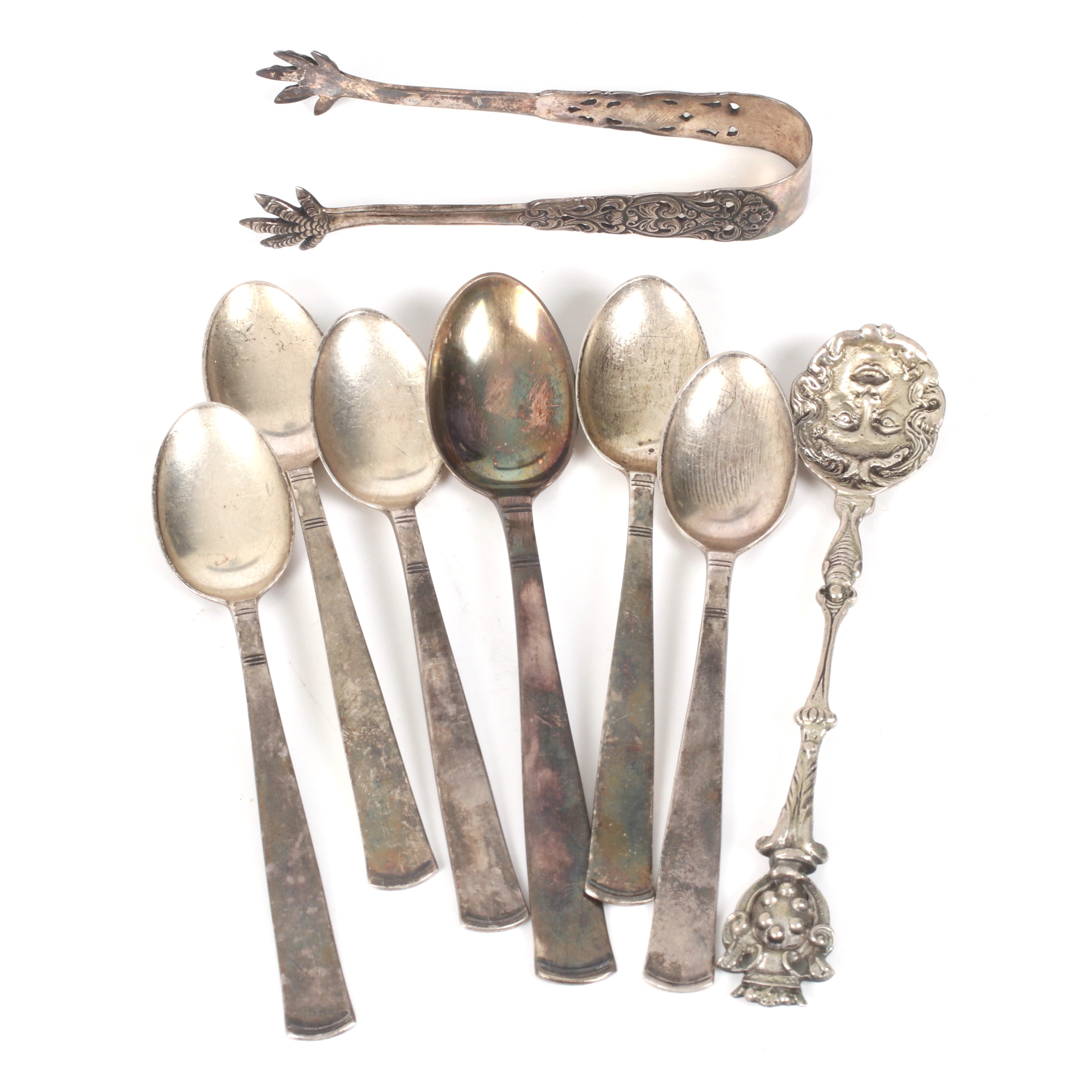 TESKEDAR och SOCKERTÅNG, 8 delar, silver. bl.a. "Rosenholm", GAB.