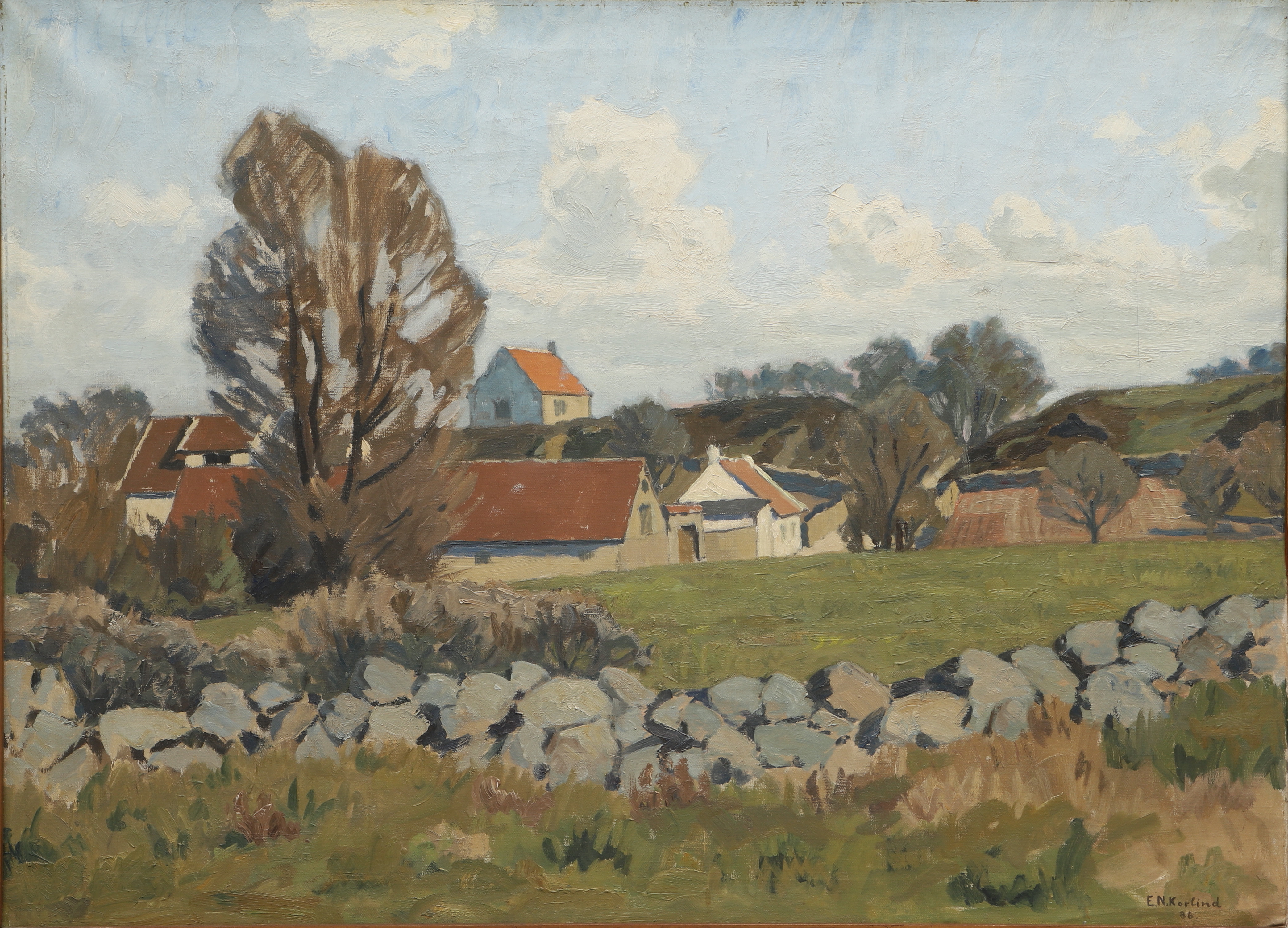 EINAR NIELSEN KORLIND. Olja på duk, landsbygdsmotiv, signerad, daterad.