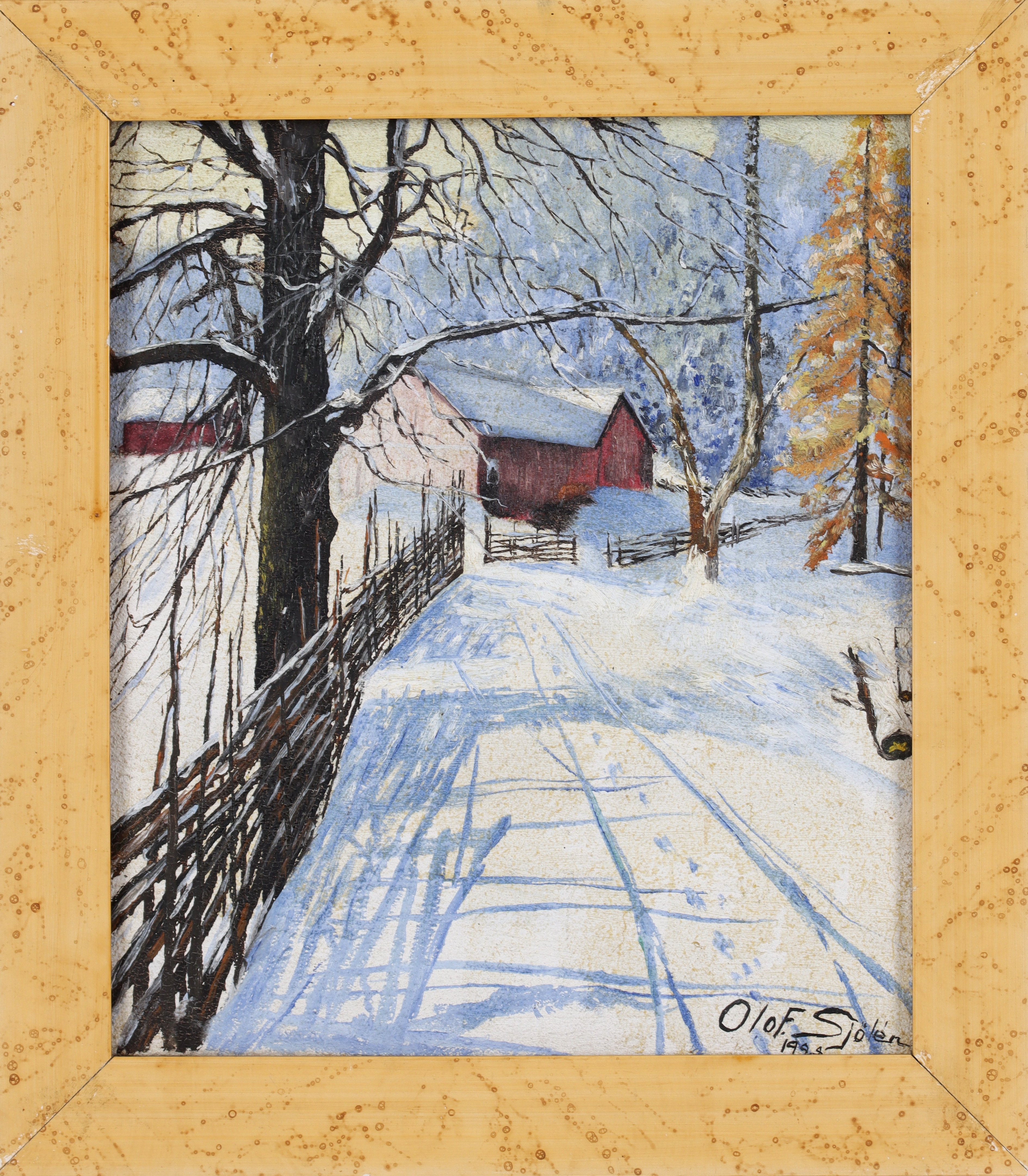 OLOF SJÖLÉN. Gård i vinterskrud, olja på duk, signerad och daterad 1928.
