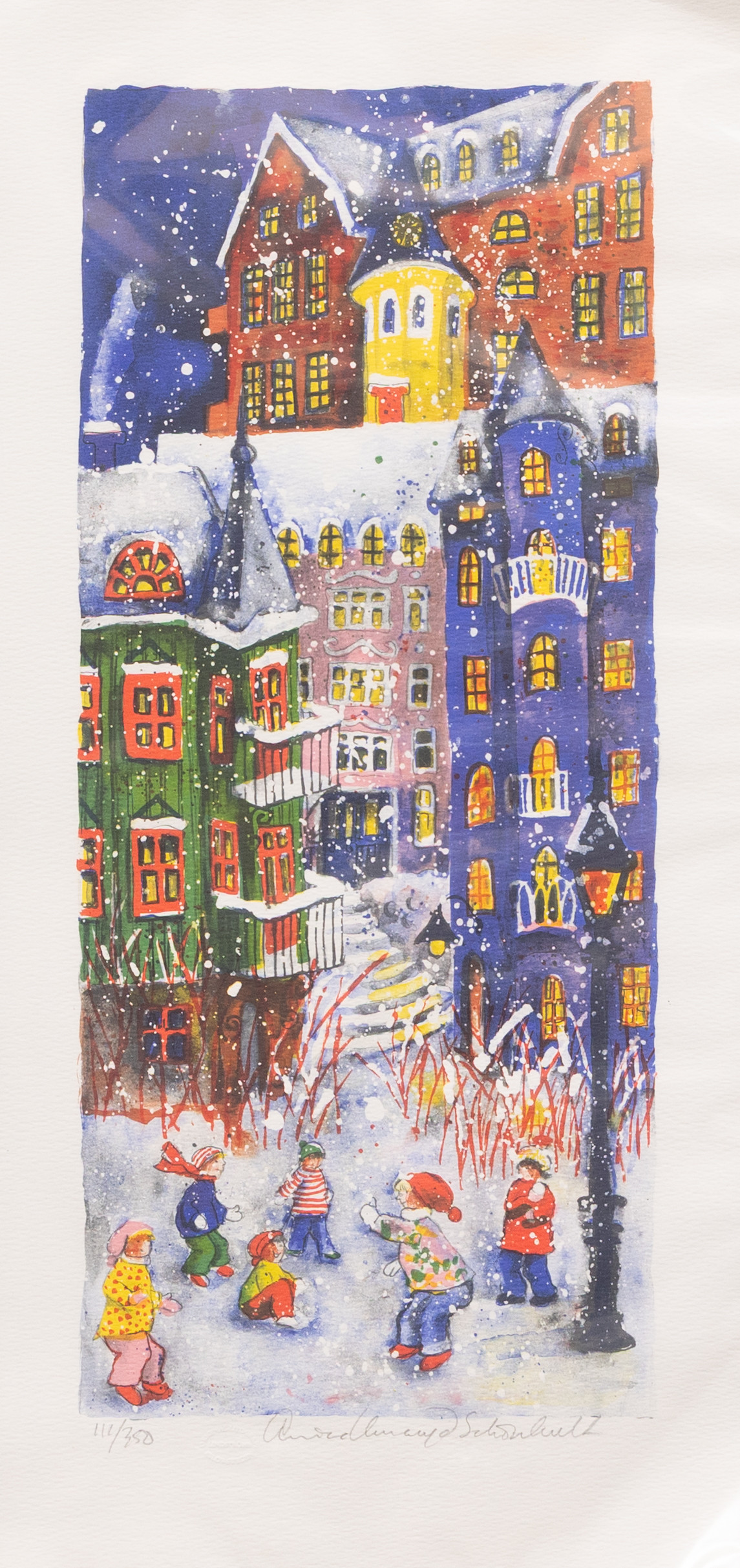 ANNICA UNNARYD SCHÖNHULT. Barn lekar i snön, färglitografi, signerad och numrerad 111/350.
