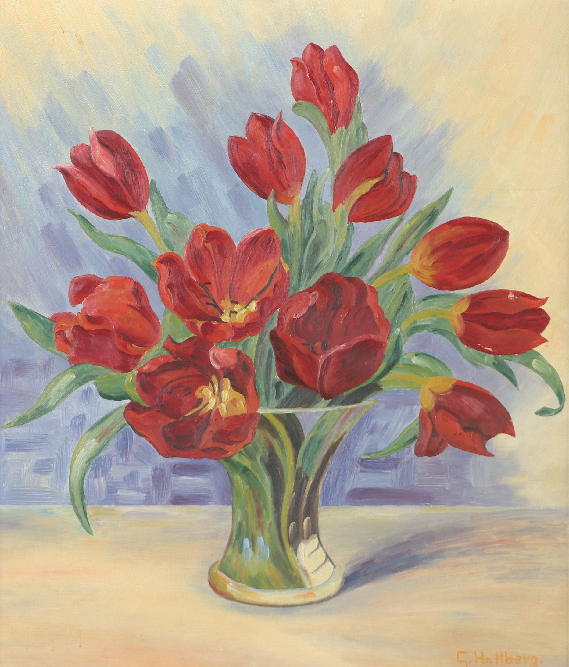OIDENTIFIERAD KONSTNÄR. Blomsterstilleben, olja på pannå, signerad G. Hallberg.