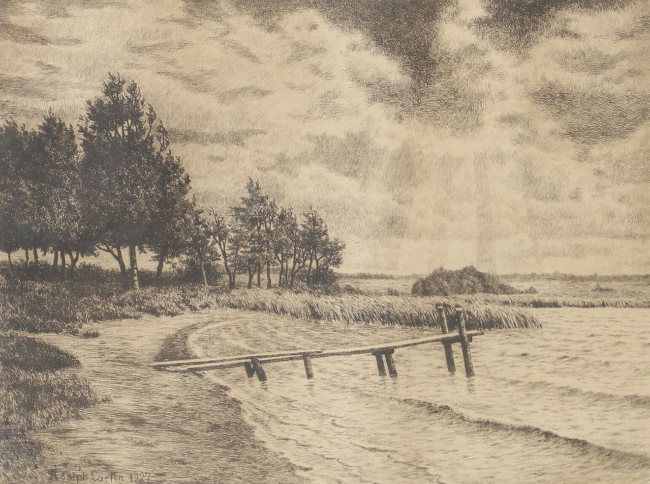 ADOLPH LARSEN. Strandparti med brygga, etsning, signerad 1927.