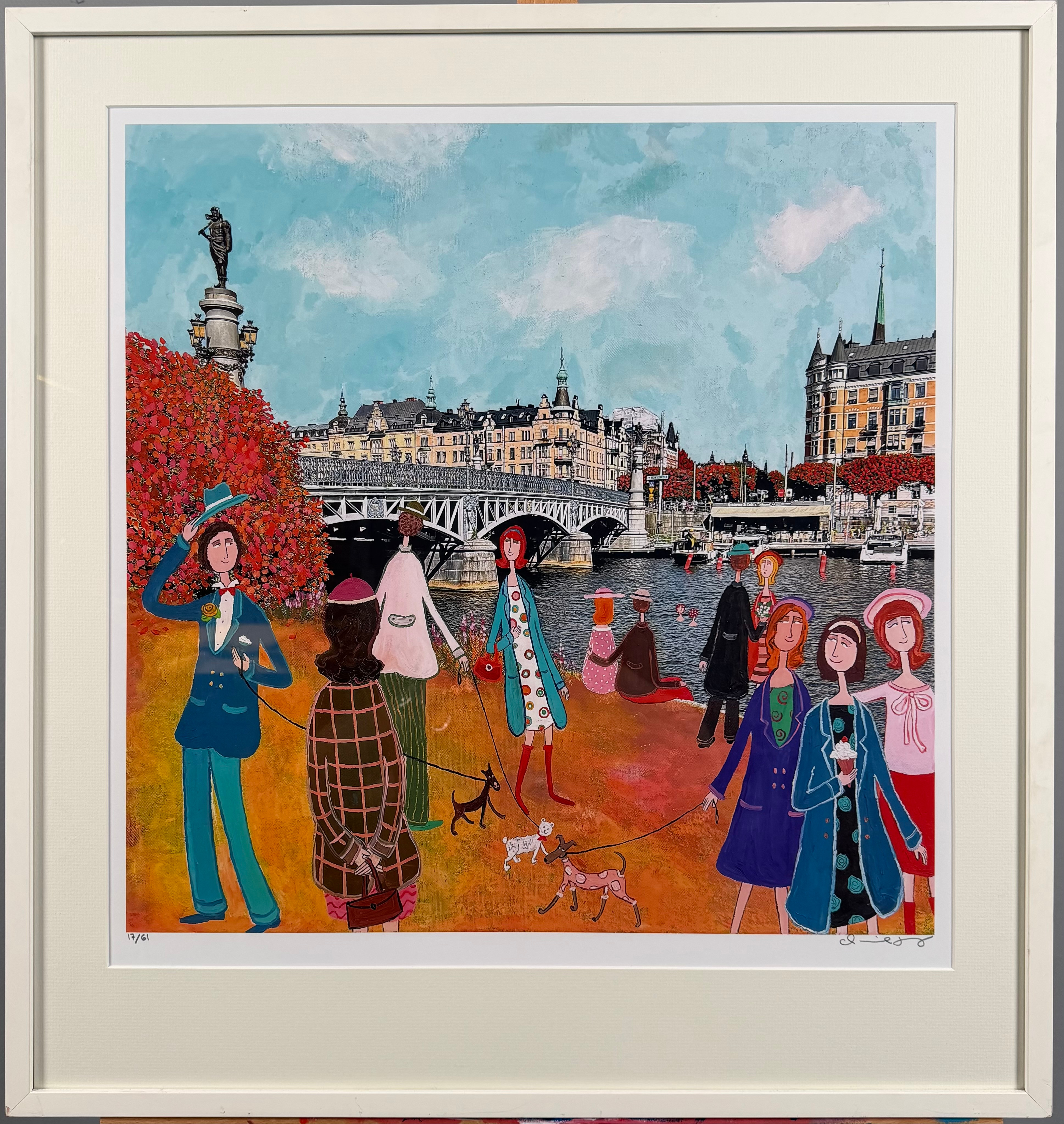 MARIKA LANG. "Djurgårdsbron", Stockholm, färglitografi, signerad och numrerad 17/61.