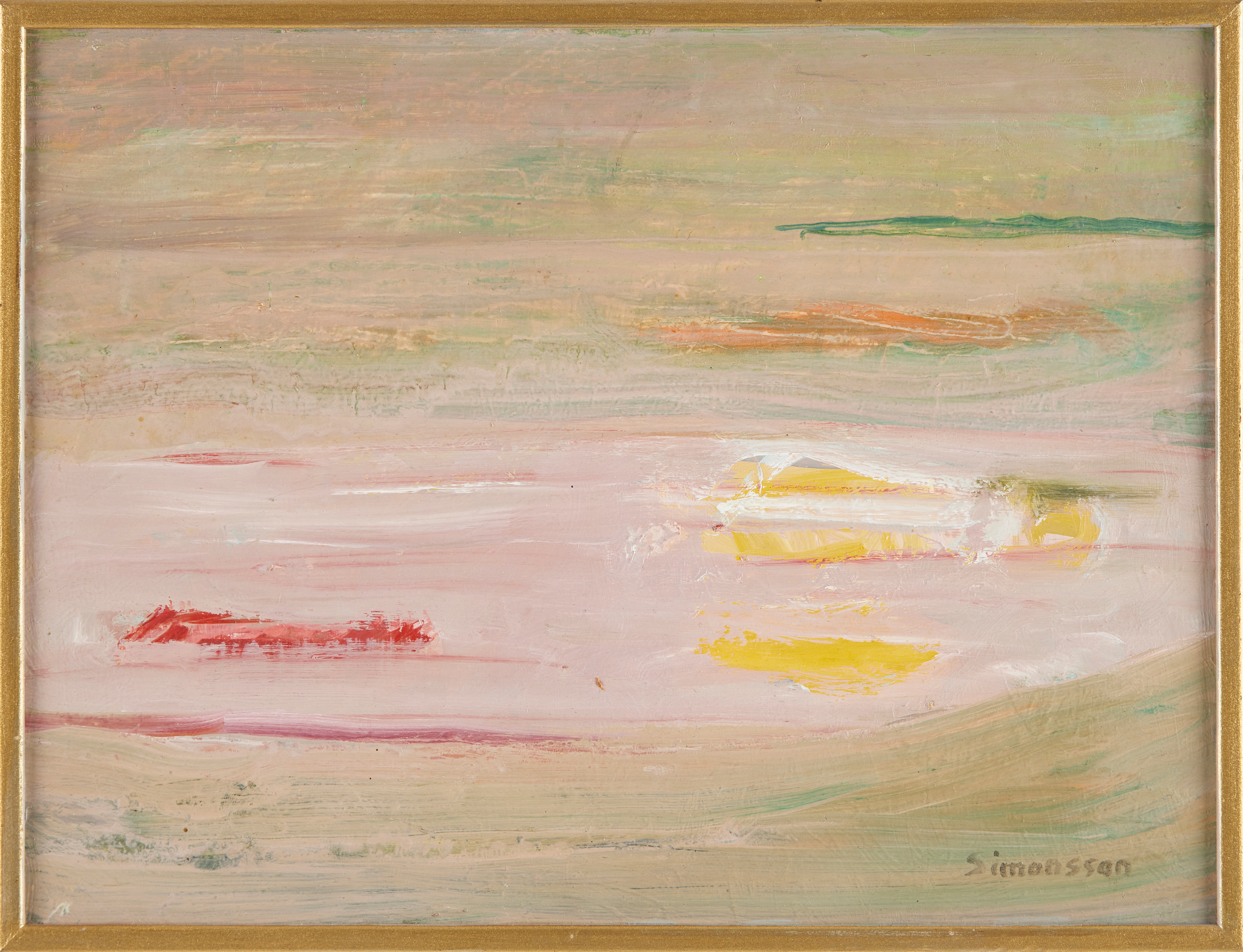 BRITTA SIMONSSON. (1911-1993) "Havsstrand" oljemålning på pannå, signerad Simonsson.