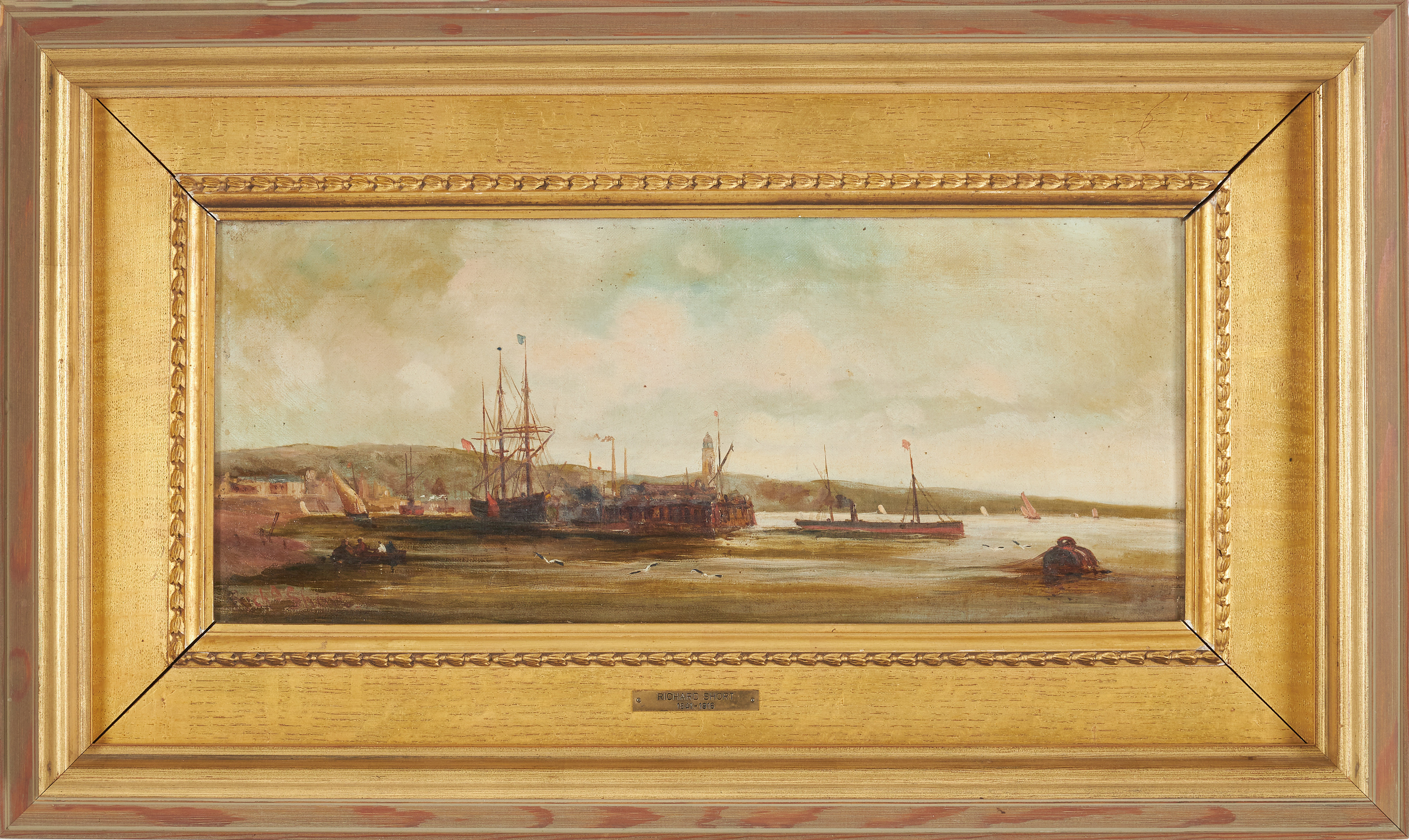 RICHARD SHORT (1841-1916). Hamnmotiv, "Looking towards Cardiff", olja på duk, signerad på duk samt á tergo.