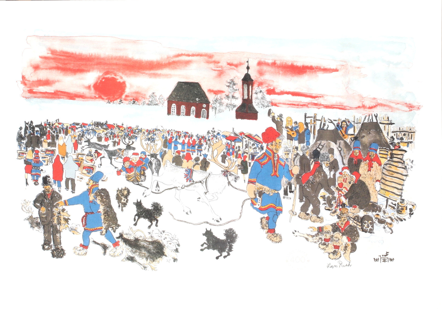LARS PIRAK. "Jokkmokks marknad 400 år", tryck med stämpel samt signerad i blyerts.