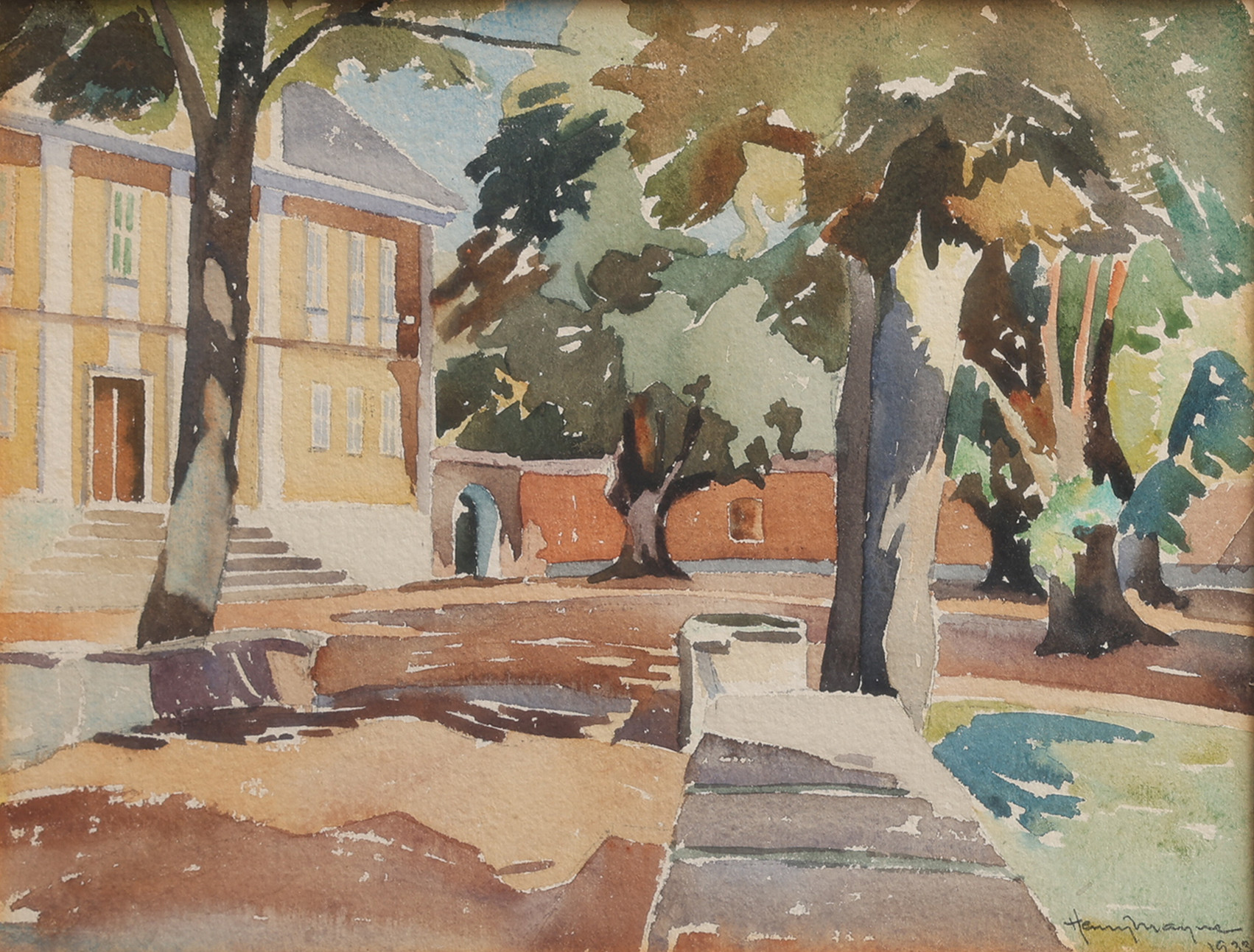 HENRY MAYNE. AKVARELL PÅ PAPPER, TUNBYHOLMS SLOTT, SIGNERAD OCH DATERAD 1933.