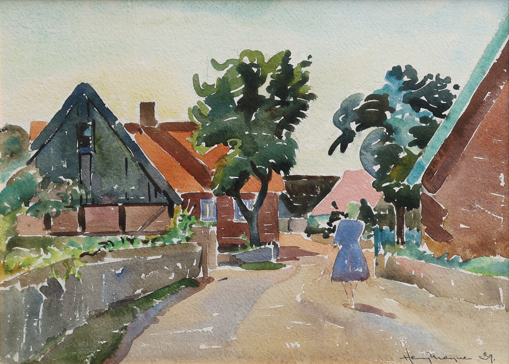 HENRY MAYNE. AKVARELL PÅ PAPPER, BYGATA PÅ ÖSTERLEN, SIGNERAD OCH DATERAD 1939.