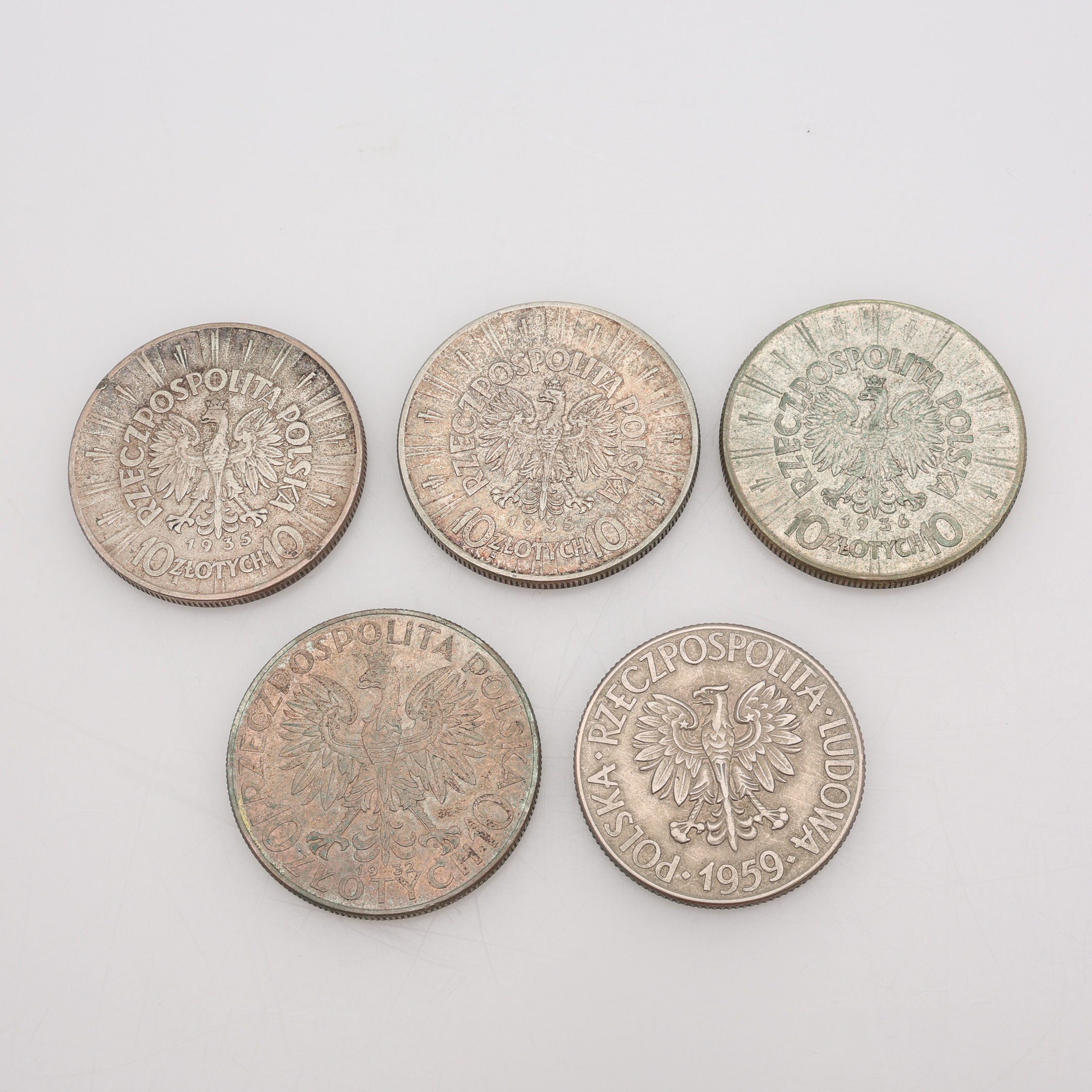 MYNT FRÅN POLEN, 5 ST, 10 zloty, silver och nickel/koppar. 4+1, silvervikt totalt 87,8 g. 750/1000.