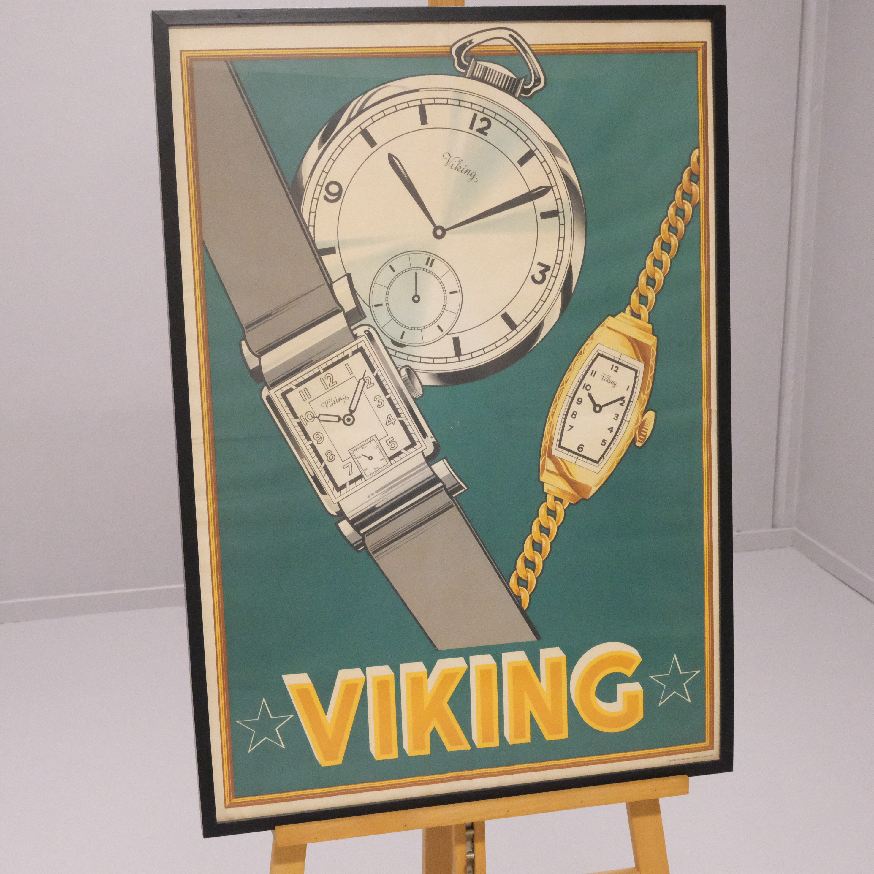 LITOGRAFISK REKLAMAFFISCH FÖR KLOCKOR, "VIKING", 1940-TAL.