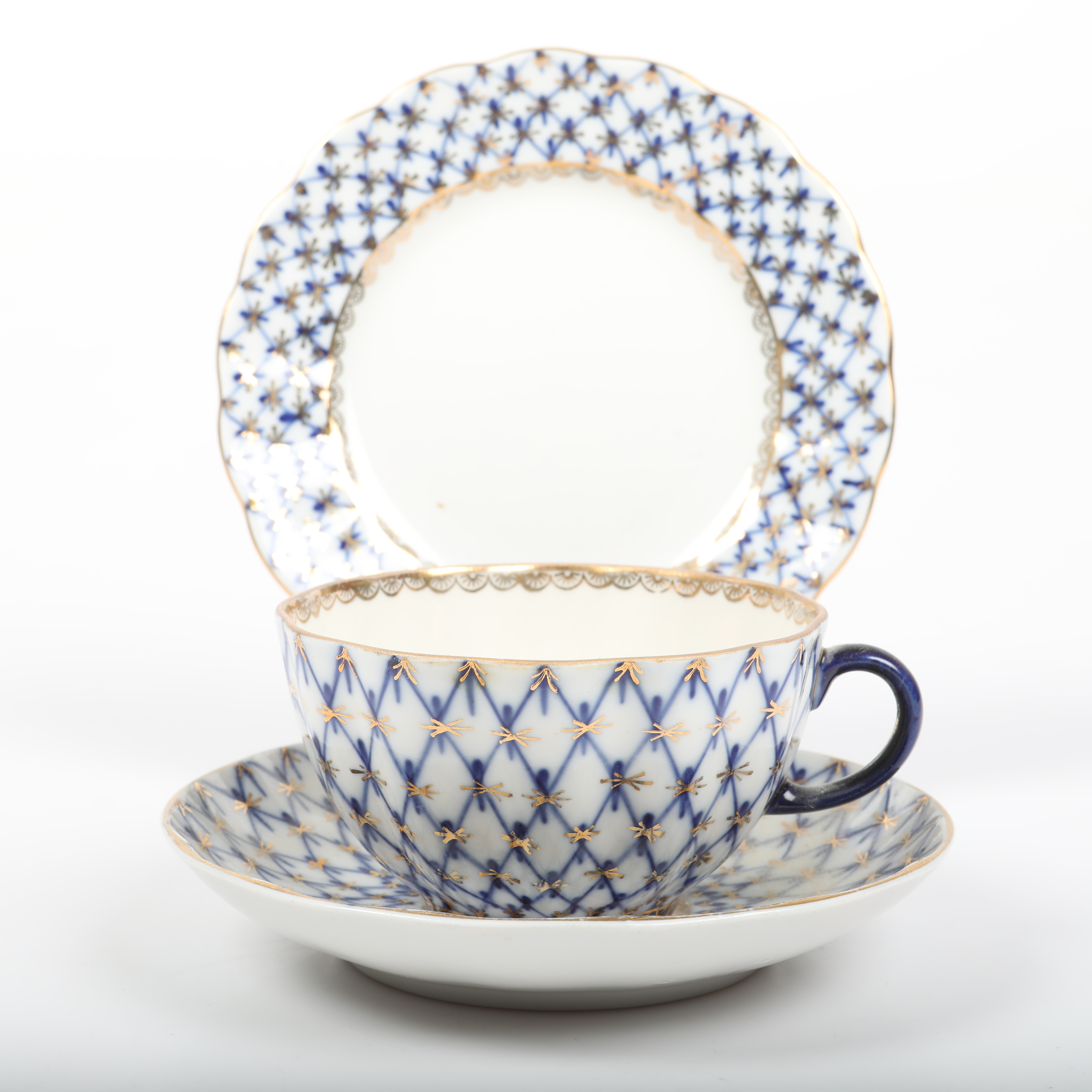 KAFFESERVISDELAR, 6 stycken, "Cobalt Net", Lomonosov, Ryssland.