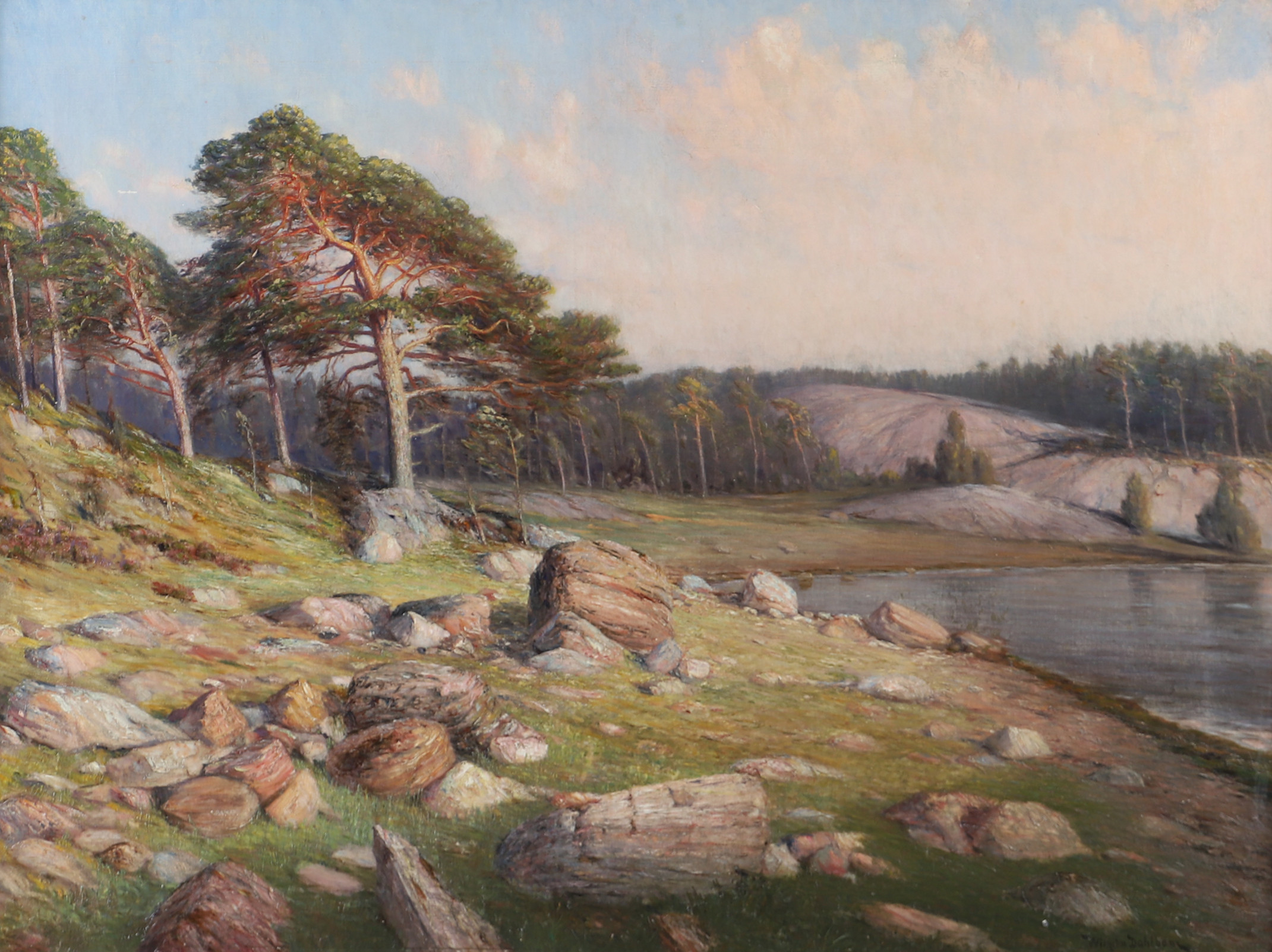 WILHELM DAHLBOM. Sjölandskap med solbelysta tallar, olja på duk, signerad 1898.