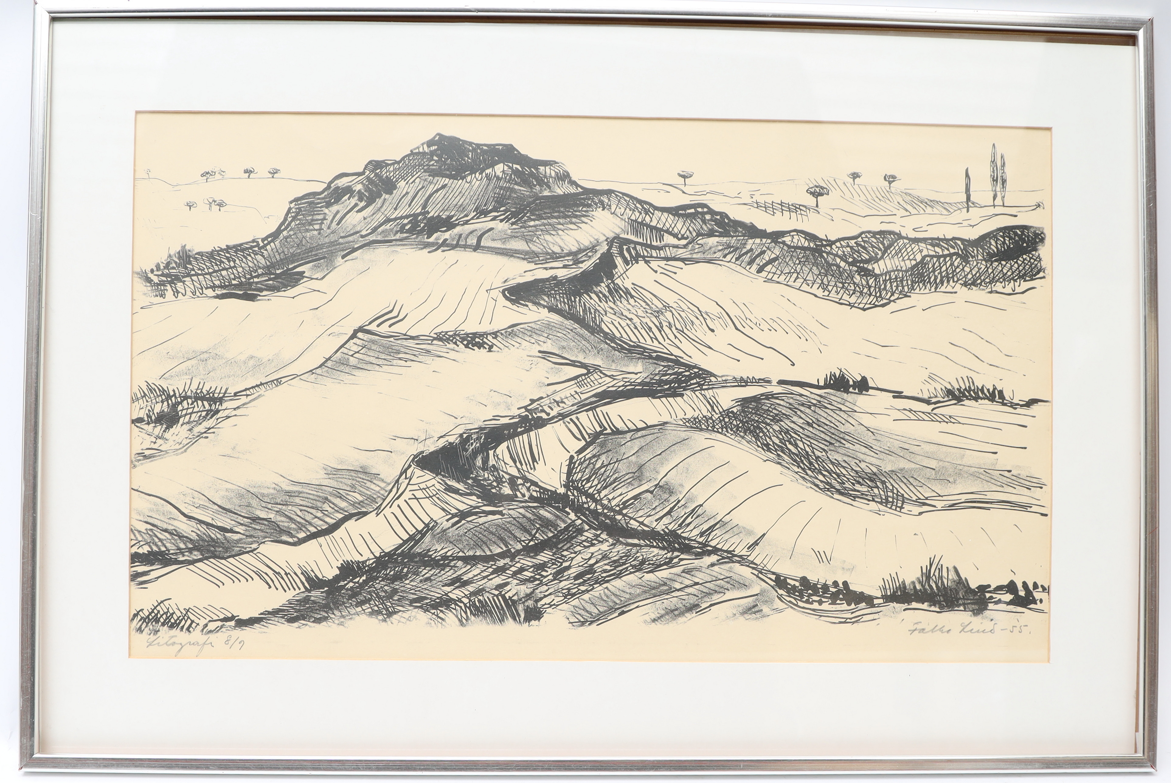 FOLKE LIND. Bergskedja, litografi, signerad och numrerad, daterad 55.