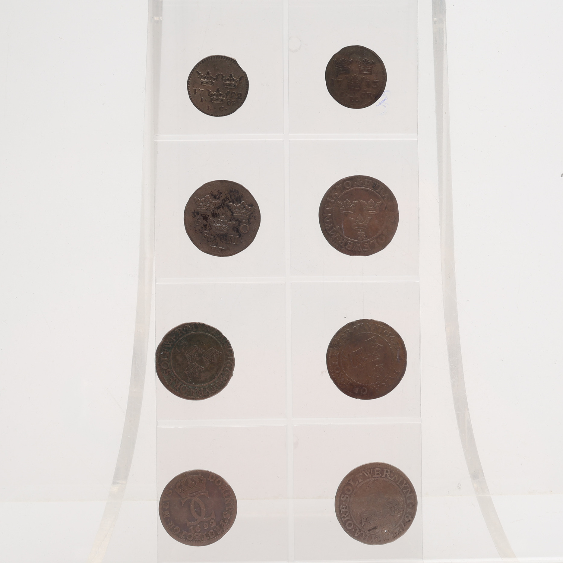 MYNT, 8 ST, FREDRIK I OCH KARL XII, 1 ÖRE, 4 ÖRE OCH 5 ÖRE. 16/1700-tal.