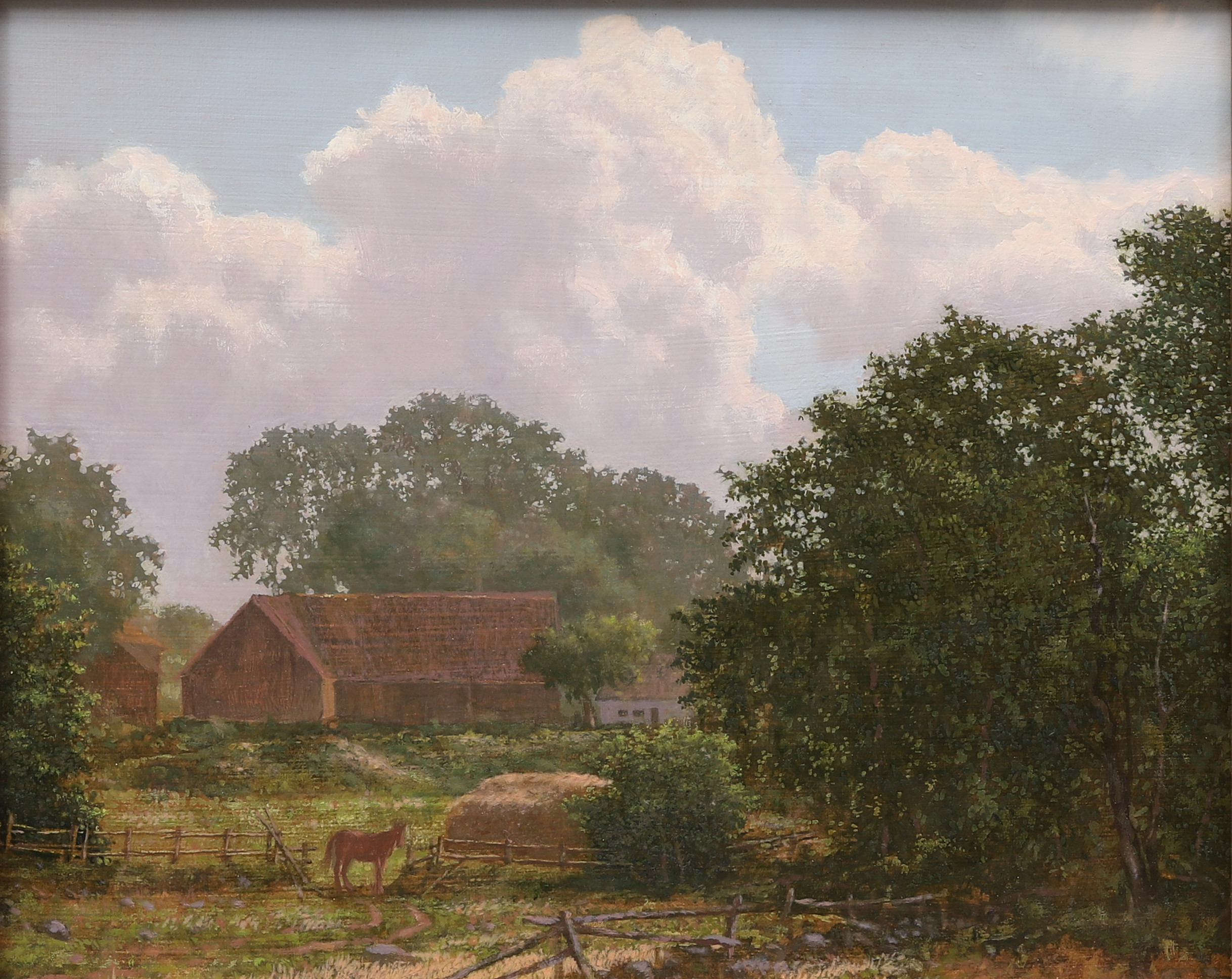 ANDERS EMGÅRD. Gård i lummig grönska, olja och tempera på pannå, signerad och daterad -82.