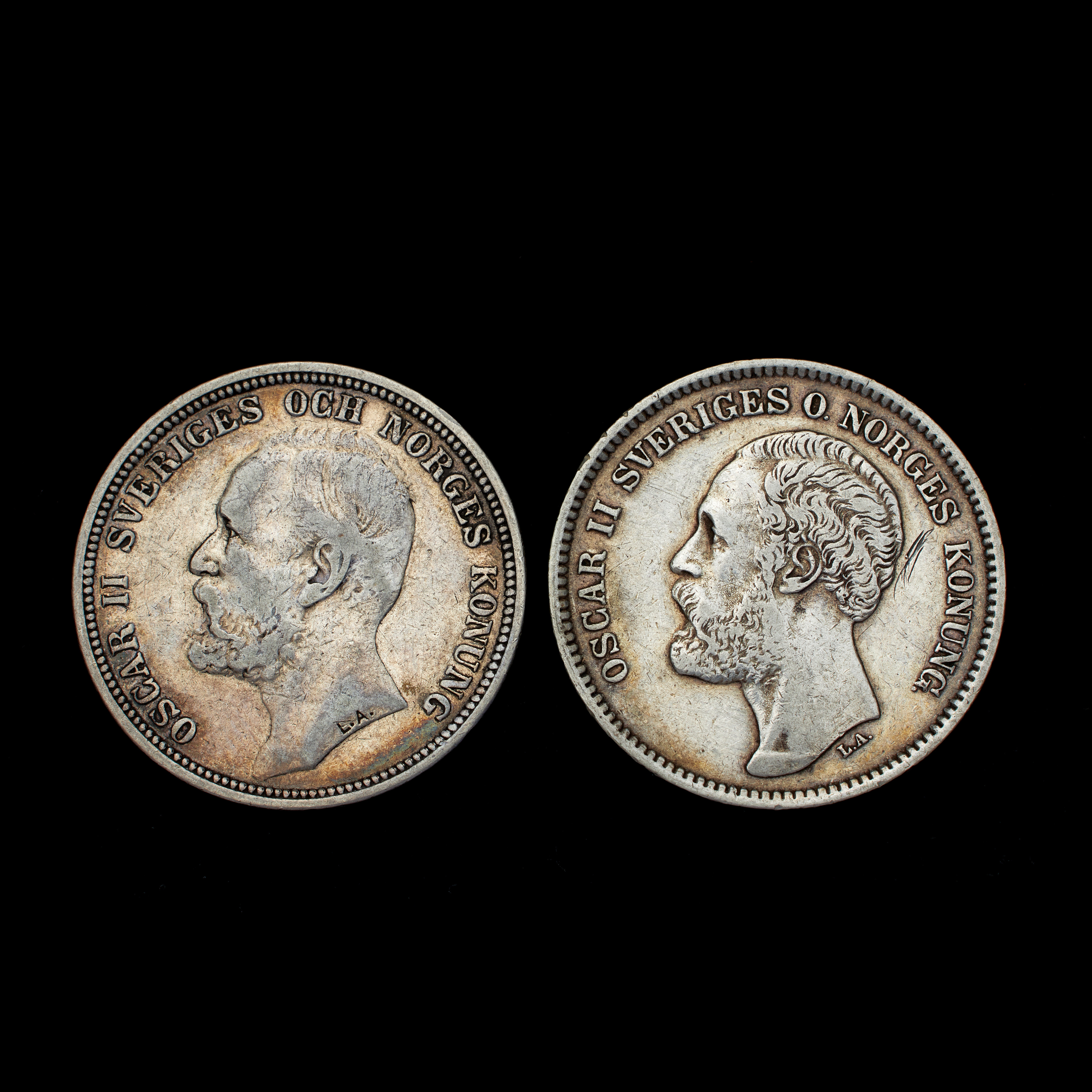 SILVERMYNT, 2 st Oscar II, 2 kronor, 1878 och 1890.