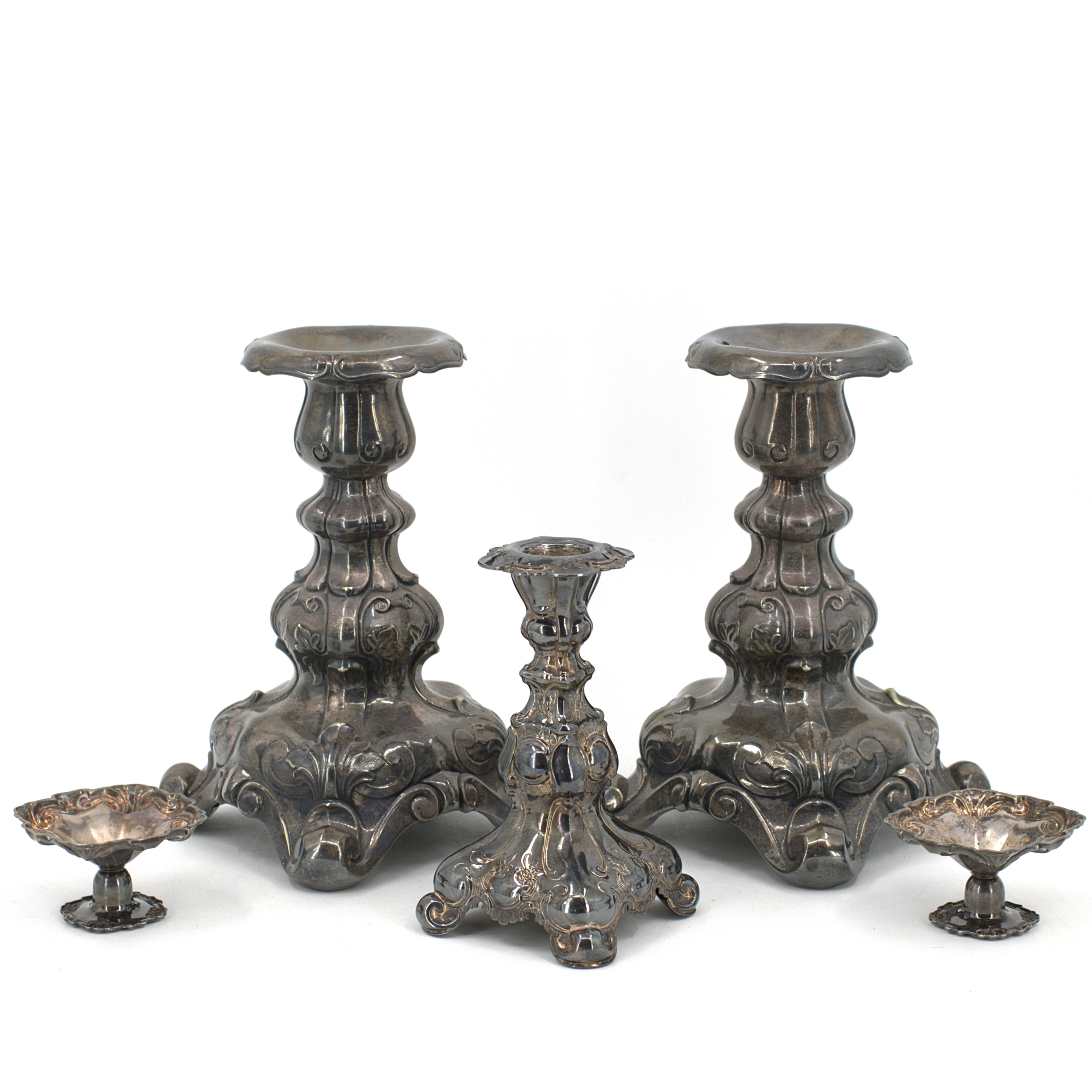 LJUSSTAKAR, 5 st, barockstil, nysilver, 1900-tal.