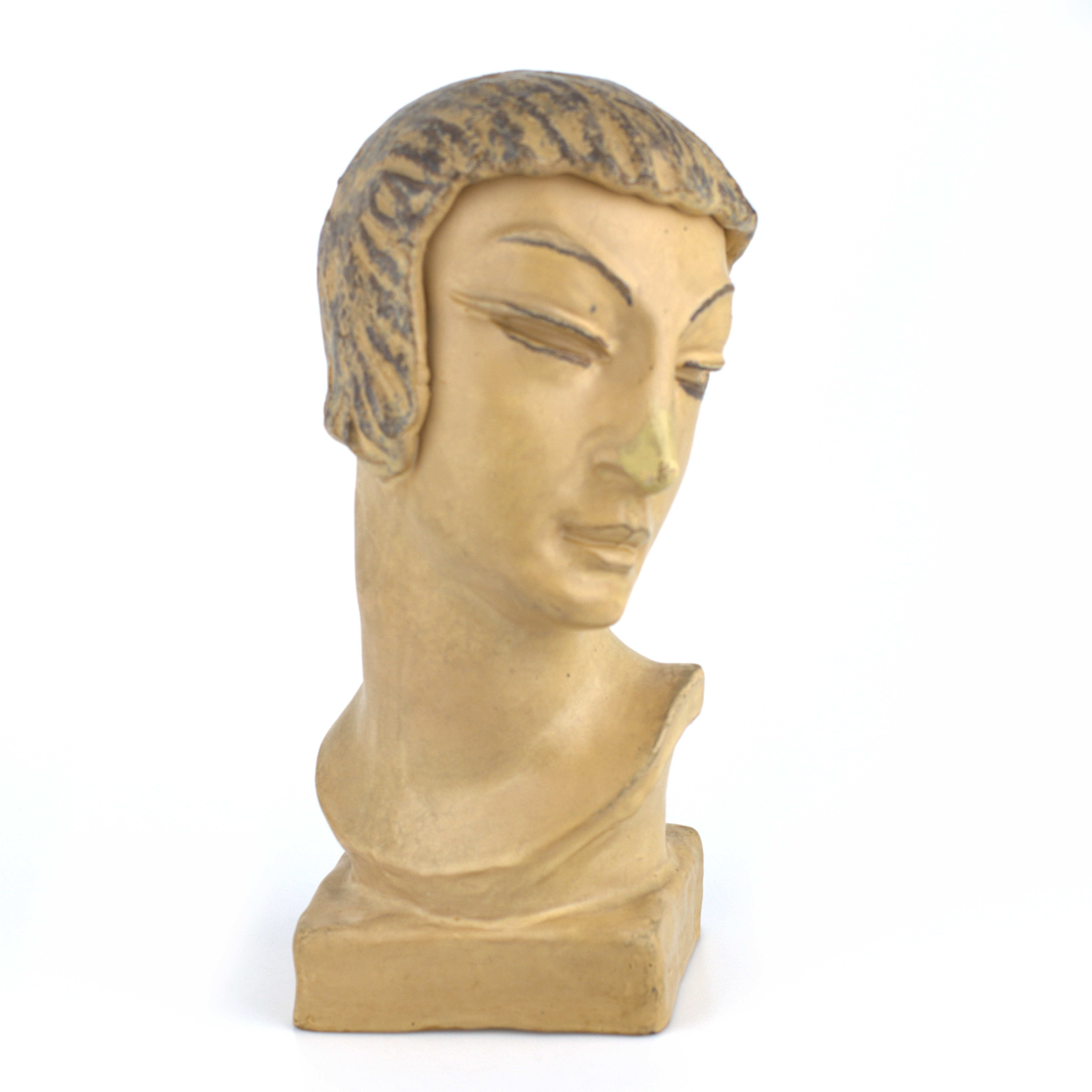 SKULPTUR, kvinnoansikte, stengods, märkt, FS, AJ Höganäs, 1920/30-tal.