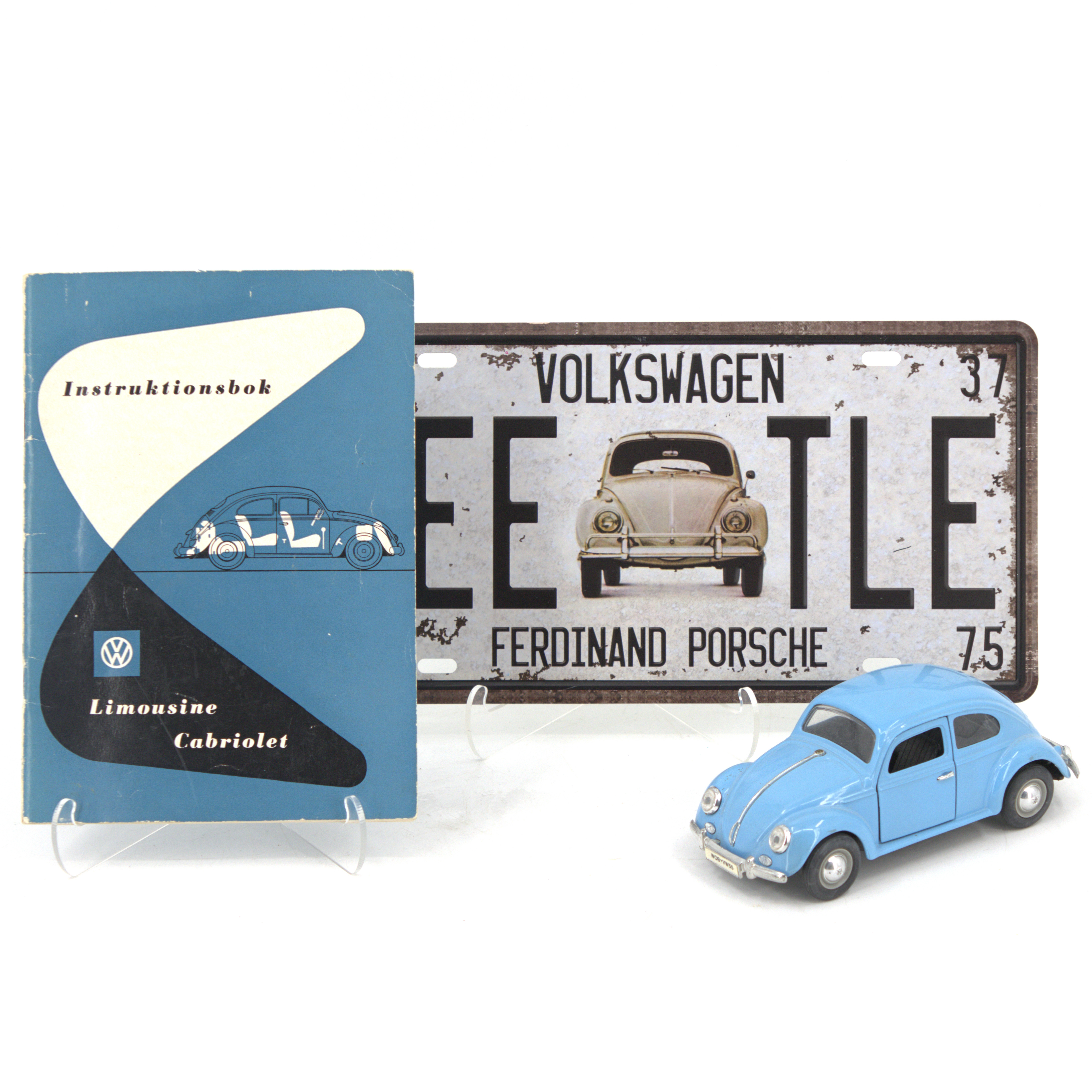 INSTRUKTONSBOK, PLÅTSKYLT och MODELLBIL, 3 delar, Volkswagen.