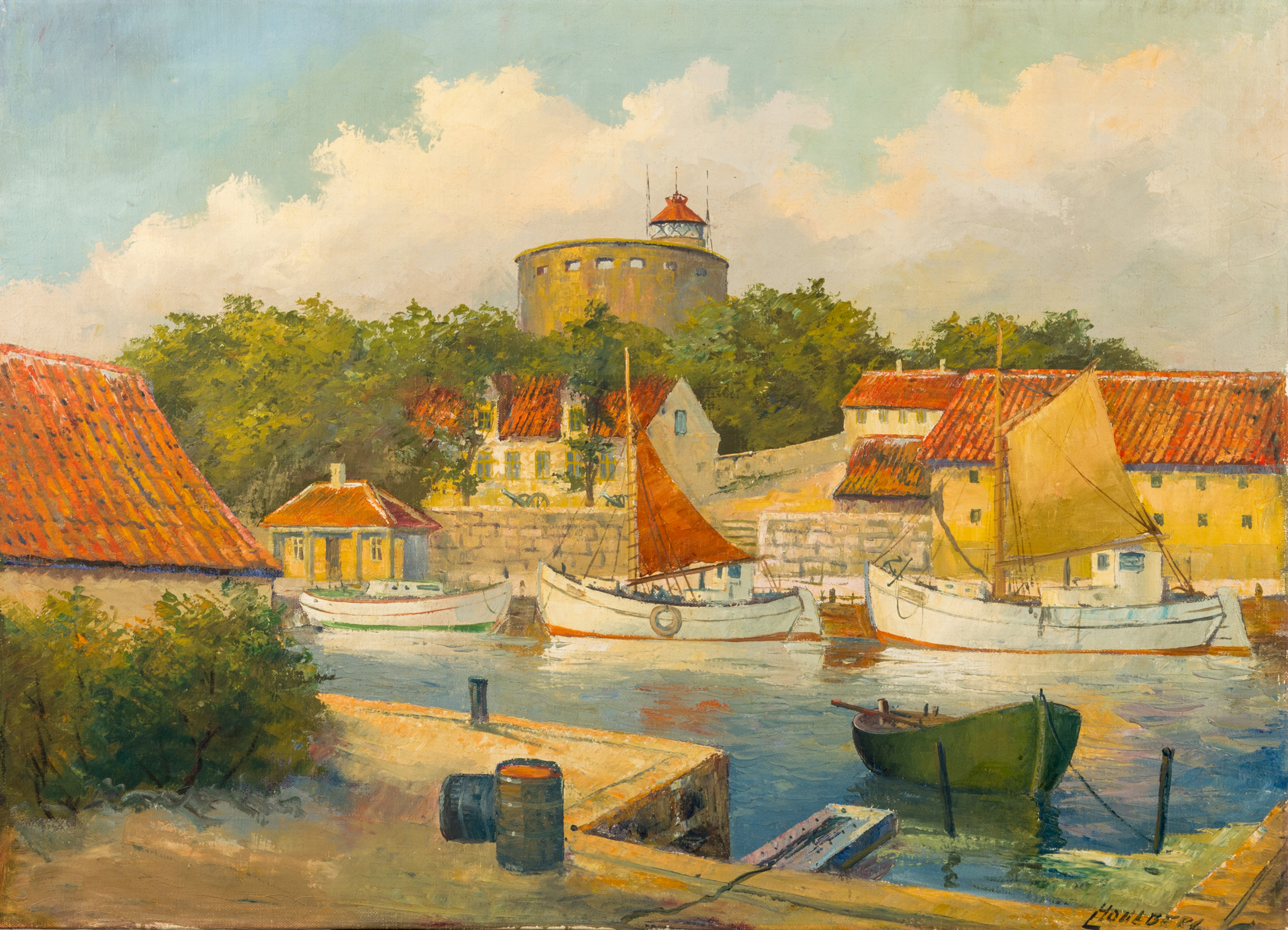 Leo Houlberg Fiskehamn Med Batar Olja Pa Duk Signerad L Houlberg Konst Maleri Auctionet